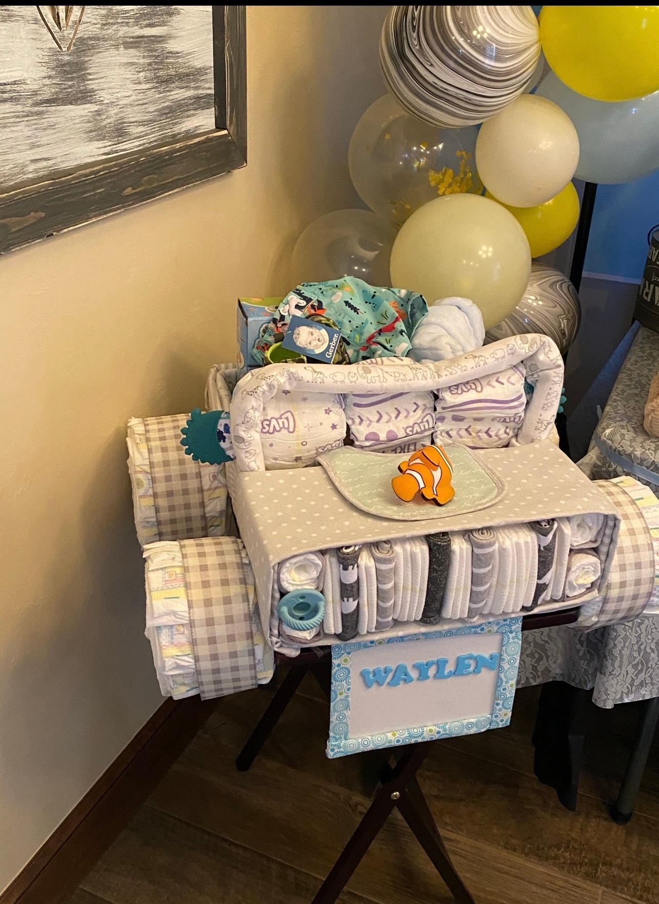 Waylen baby shower diaper car display with balloon garland