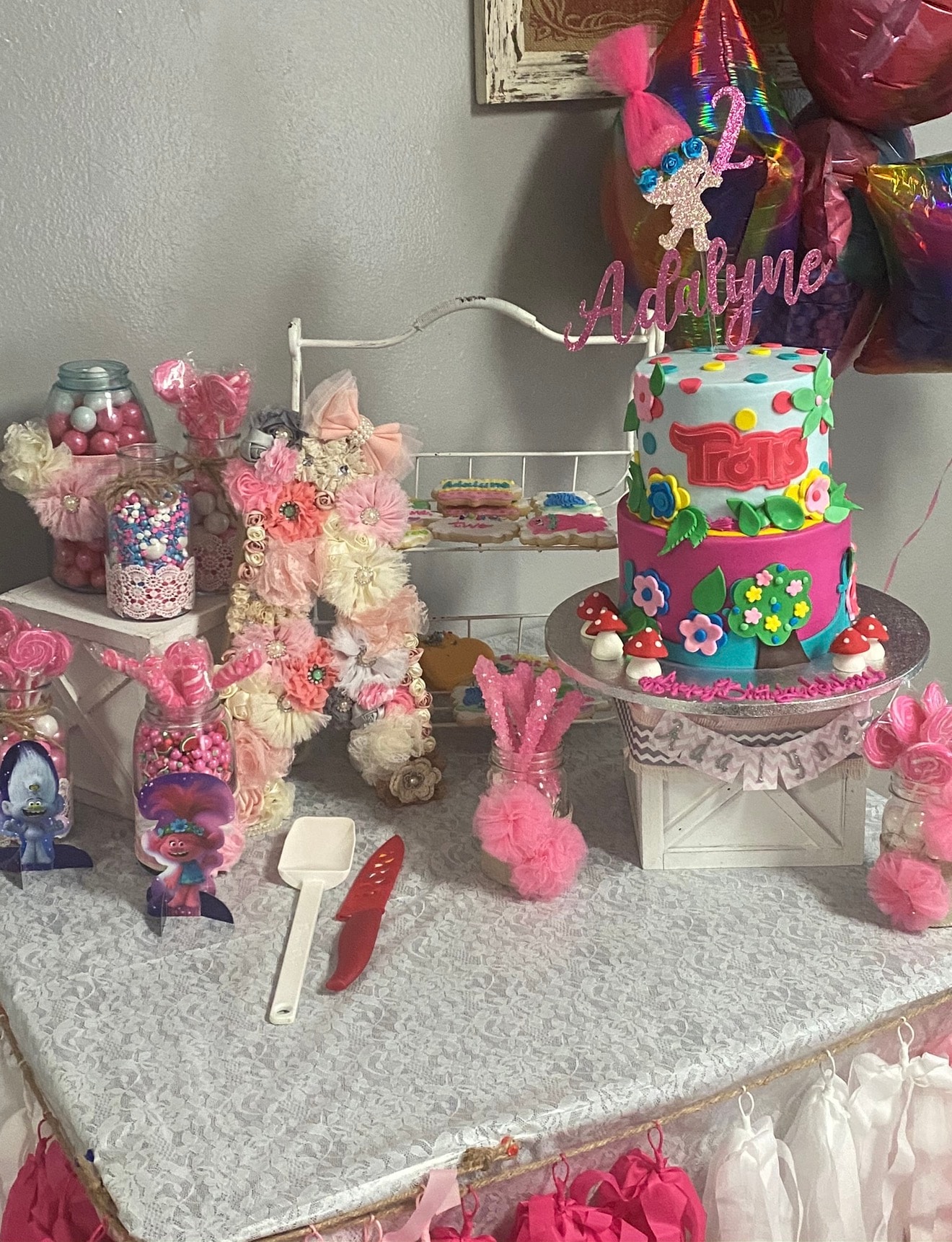 Trolls themed birthday party dessert table