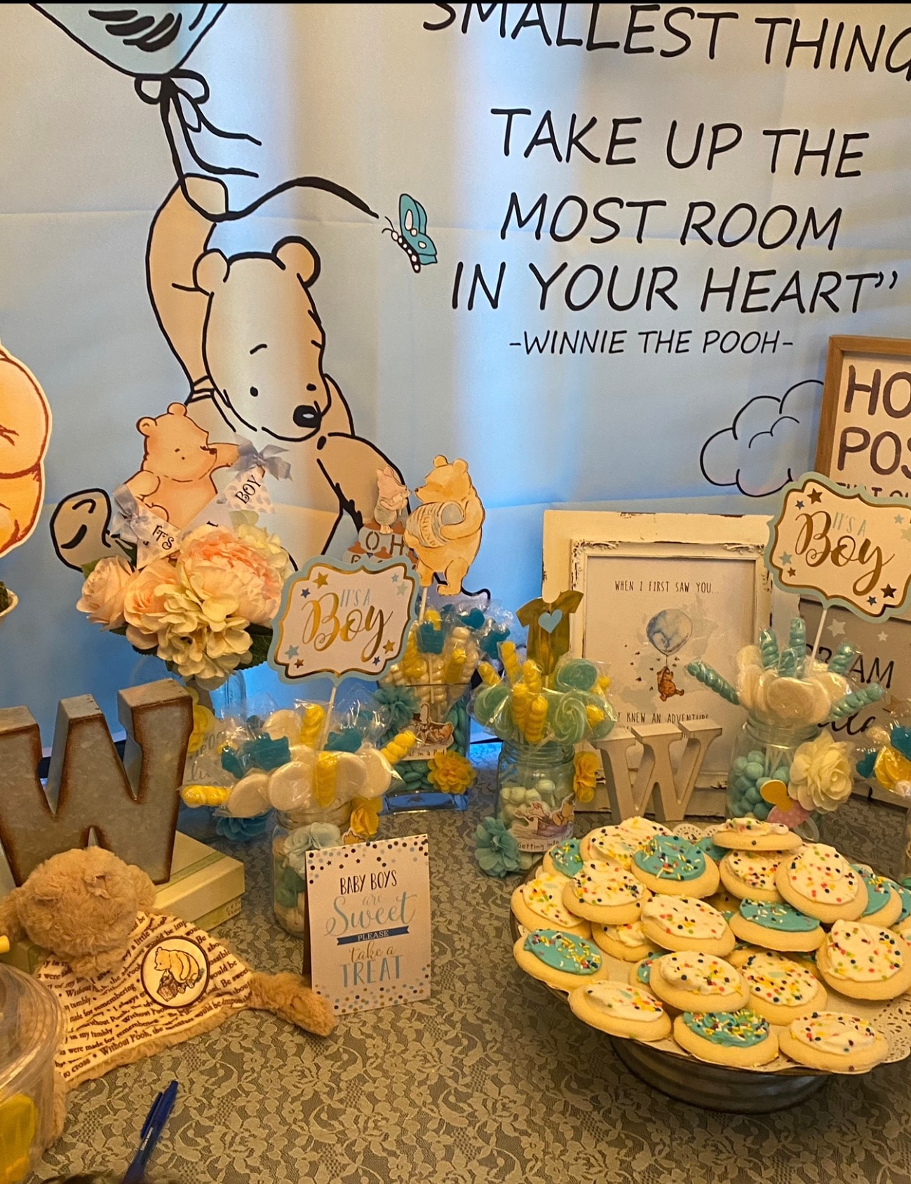 Winnie the Pooh baby shower candy and cookie dessert table