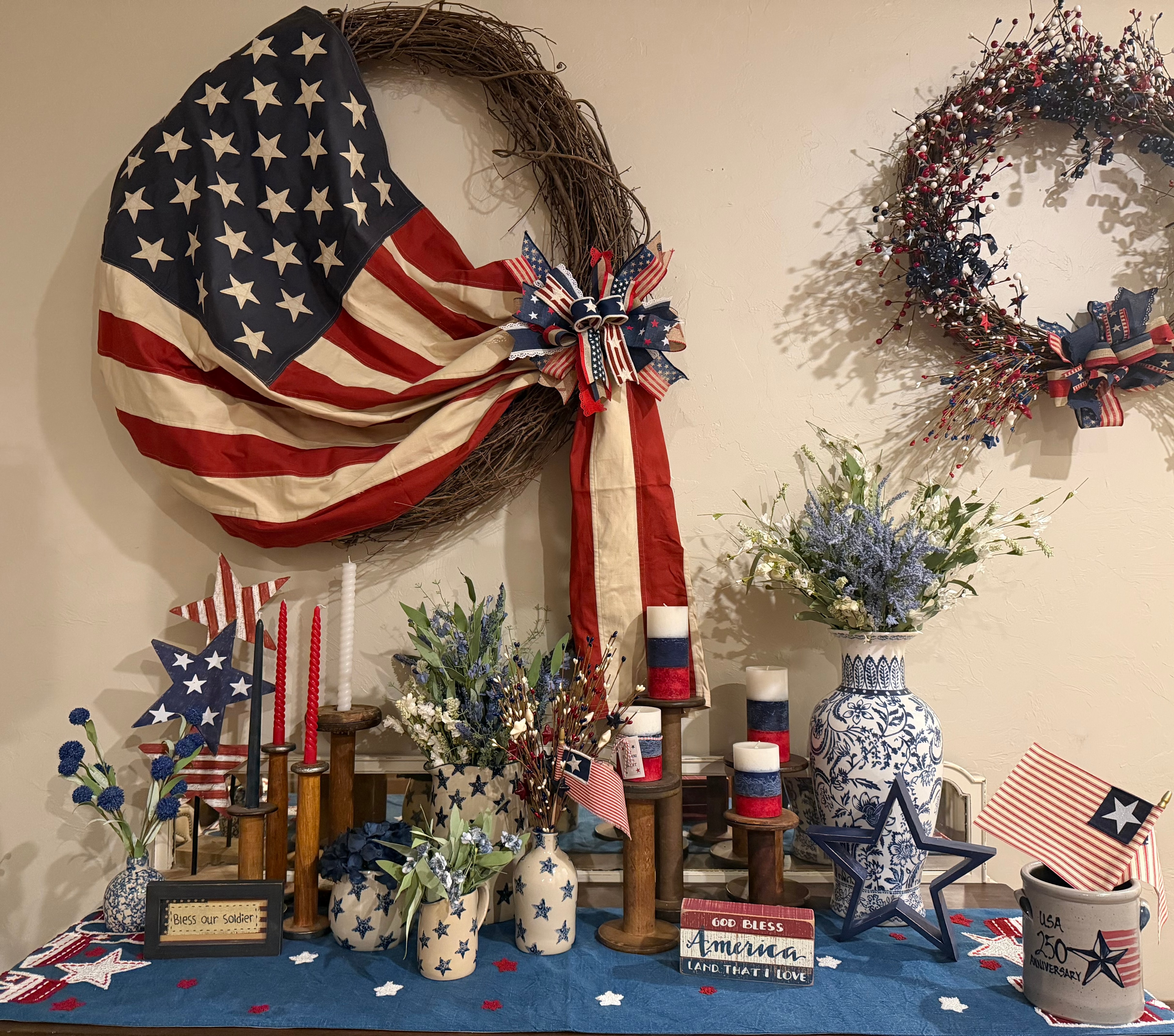 Patriotic home decor display with flag